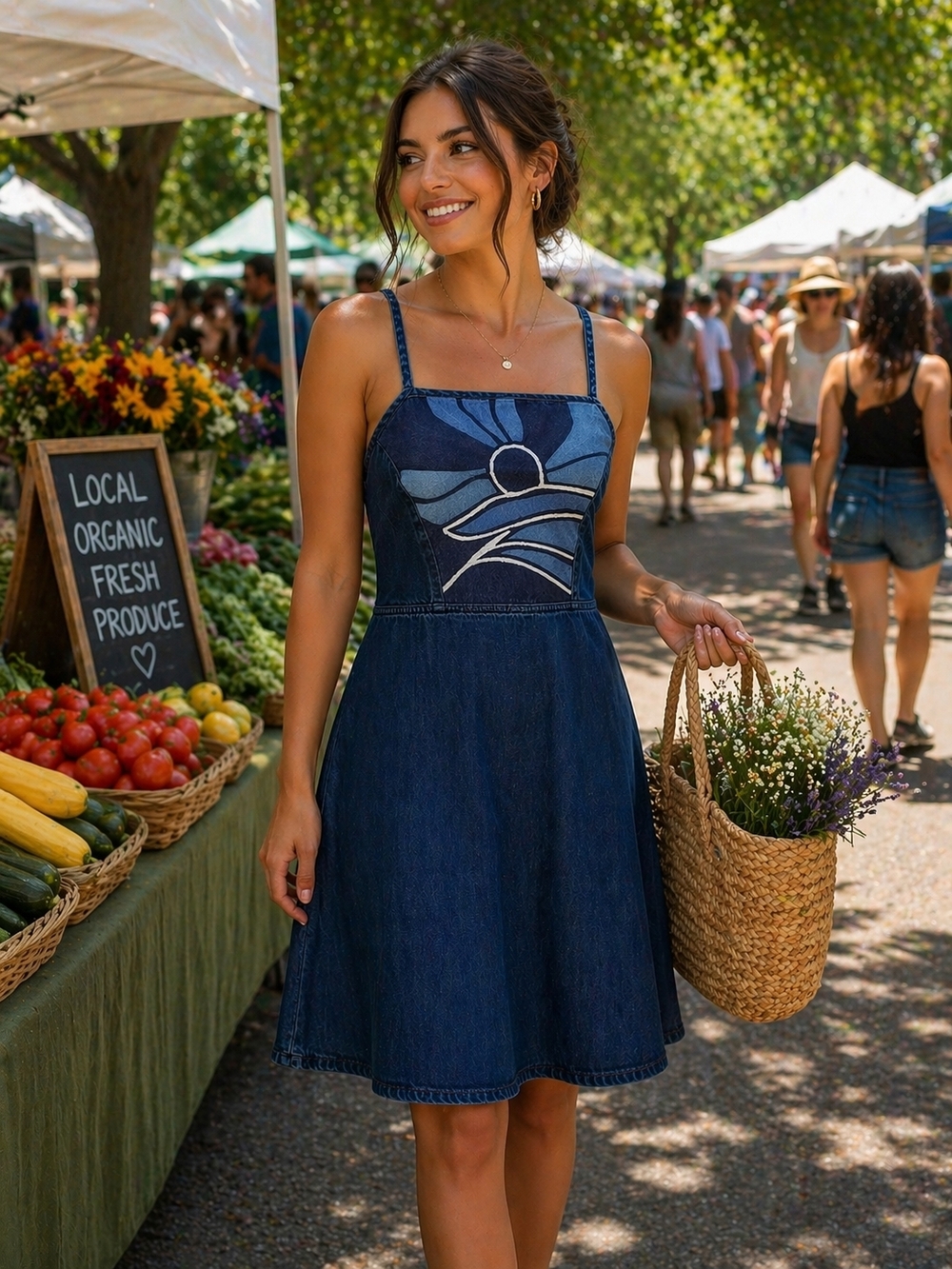 Lucky Backless Denim Sundress with Embroidered Front